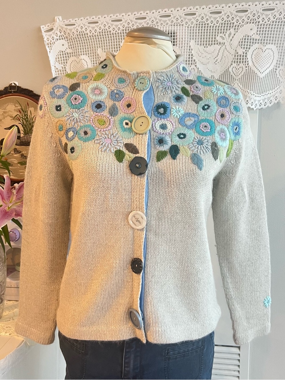 Whimsical Grey & blue floral button embroidered silk blend cardigan